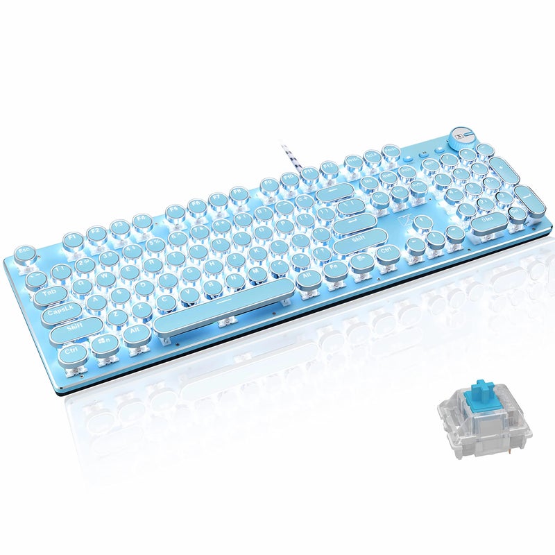 Basaltech Mechanical Gaming Keyboard and Mouse Combo, Retro Steampunk Vintage Typewriter-Style Keyboard with LED Backlit, 104-Key Anti-Ghosting Blue Switch Wired USB Metal Panel Round Keycaps, Blue - Image 1